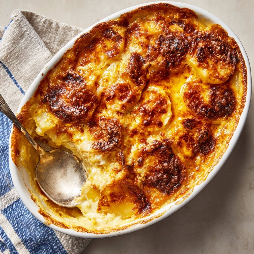 Cremiges Kartoffelgratin angeschnitten mit einem Löffel, das die goldbraune Kruste und die cremige Füllung zeigt.