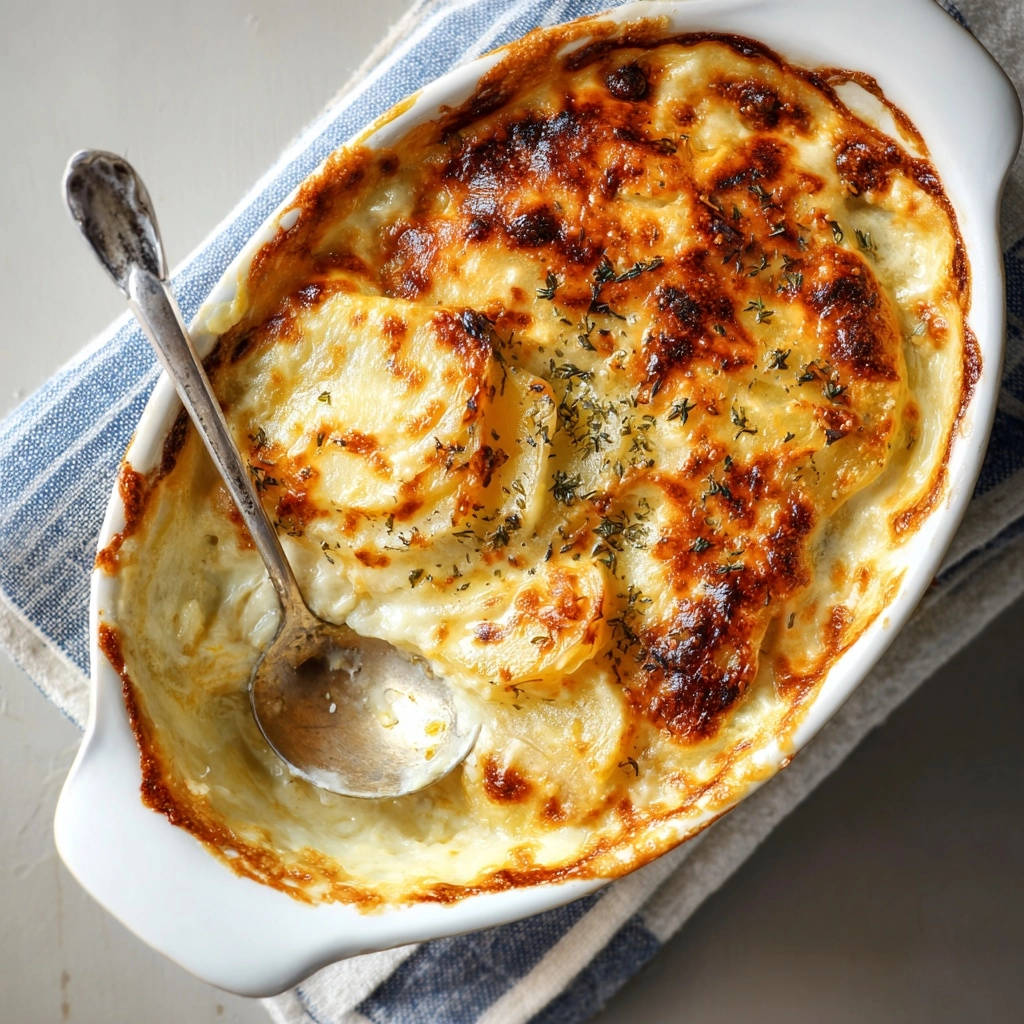 Cremiges Kartoffelgratin, nah aufgenommen mit einem Löffel darin, zeigt die goldbraune Kruste und die cremige Konsistenz.