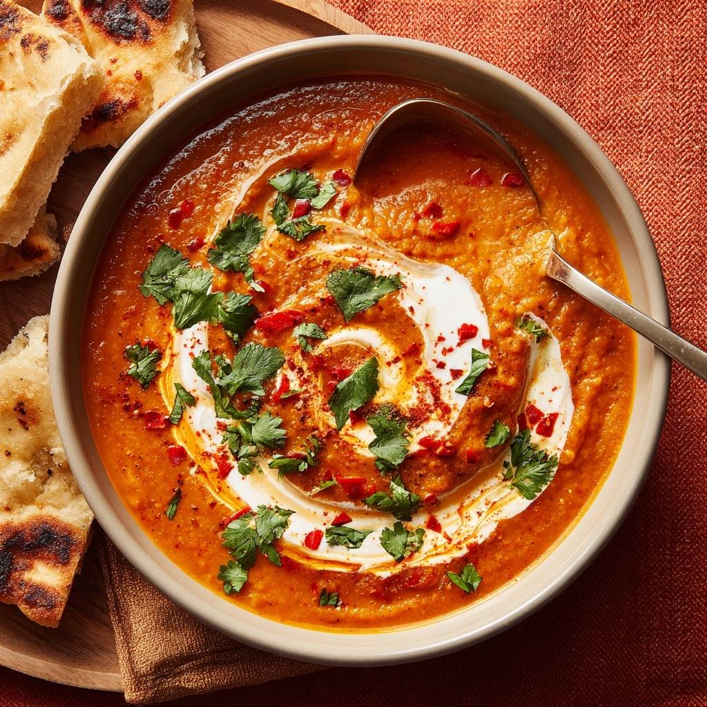 Cremiges Masoor Dal mit Naan, garniert mit frischer Petersilie und einem Klecks Joghurt, in einer Schüssel serviert.