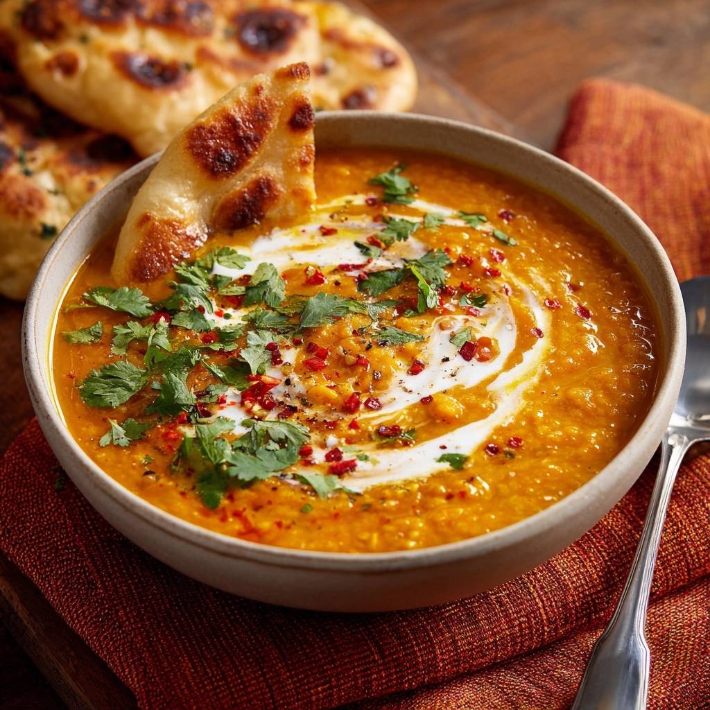 Cremiges Masoor Dal mit Naan, garniert mit frischem Koriander und einem Klecks Sahne, serviert mit Naan-Brot.