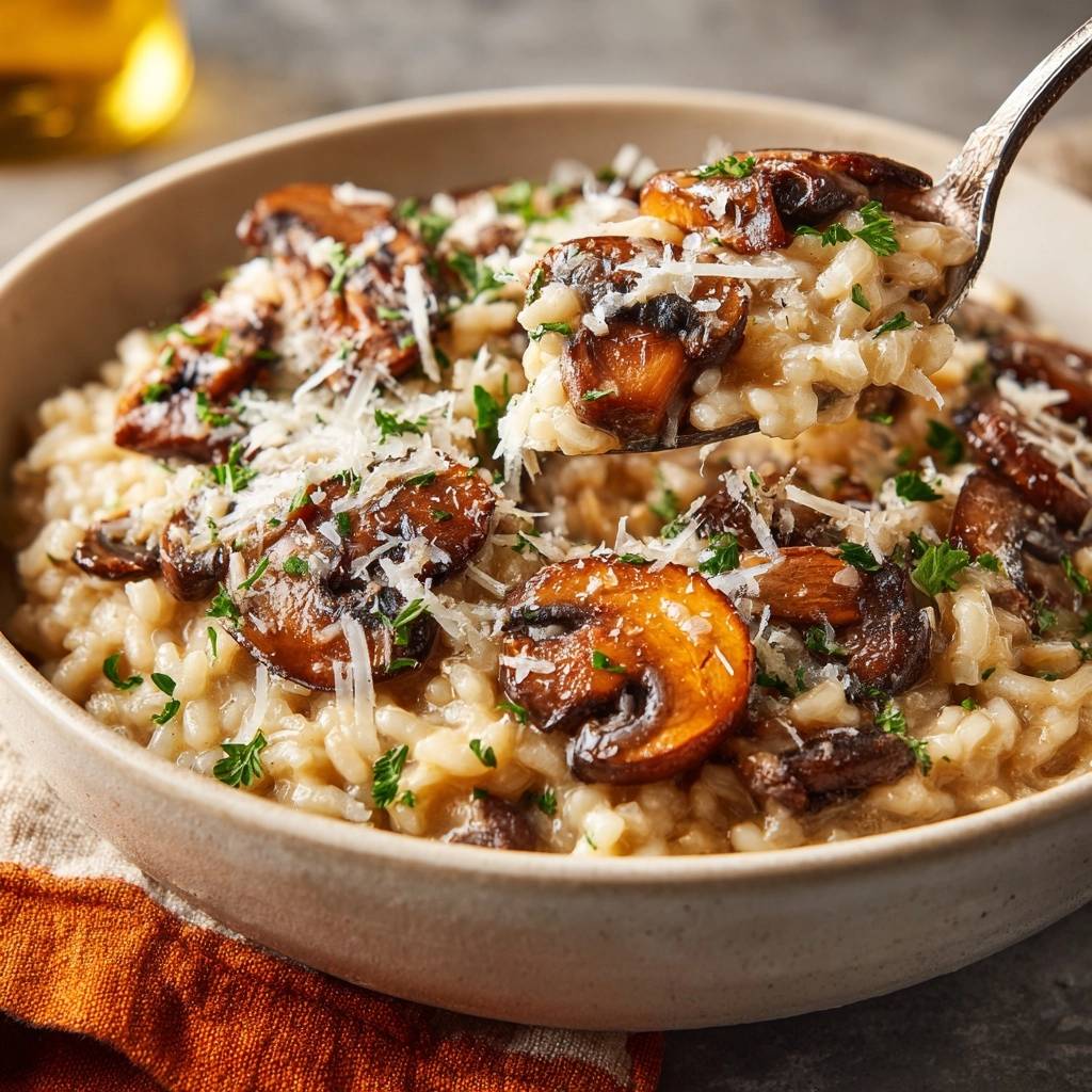 Cremiges Pilzrisotto mit Pilzen und Parmesan, auf einem Löffel nah aufgenommen, garniert mit Petersilie.