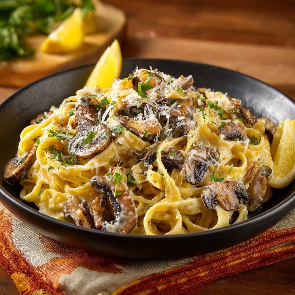 Cremig Zitronen Pilz Tagliatelle Nahaufnahme Garniert 1 Cremige Zitronen-Pilz-Tagliatelle mit geriebenem Parmesan und frischer Petersilie, garniert mit Zitronenspalten.