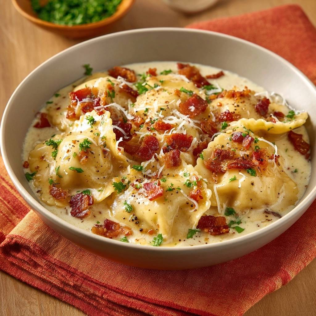 Cremige Bacon Ravioli Garniert Mit Kraeutern Und Speck 1 Cremige Bacon-Ravioli mit Speckwürfeln und frischen Kräutern garniert, serviert in einer Schüssel auf einem Küchentuch.