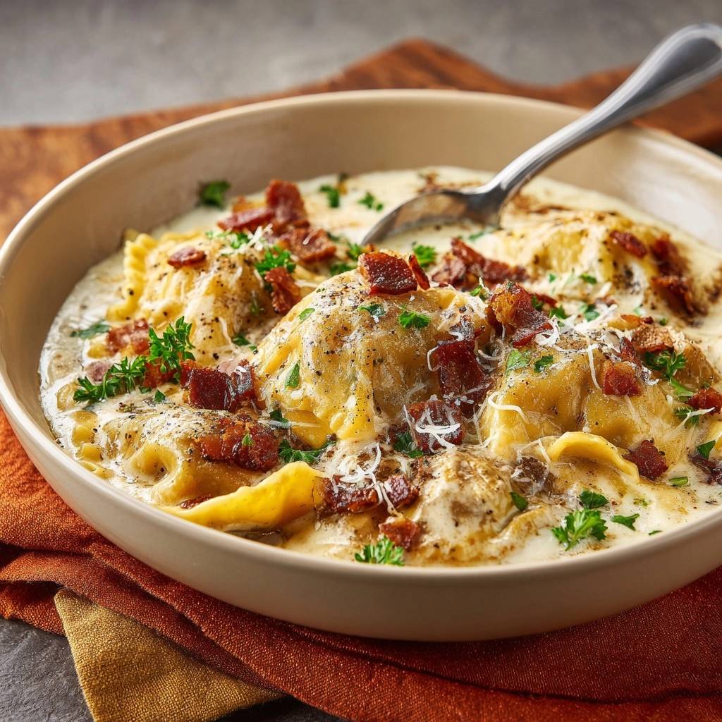 Cremige Bacon-Ravioli mit Speck und Petersilie in einer Schüssel, Nahaufnahme mit detaillierter Garnitur.