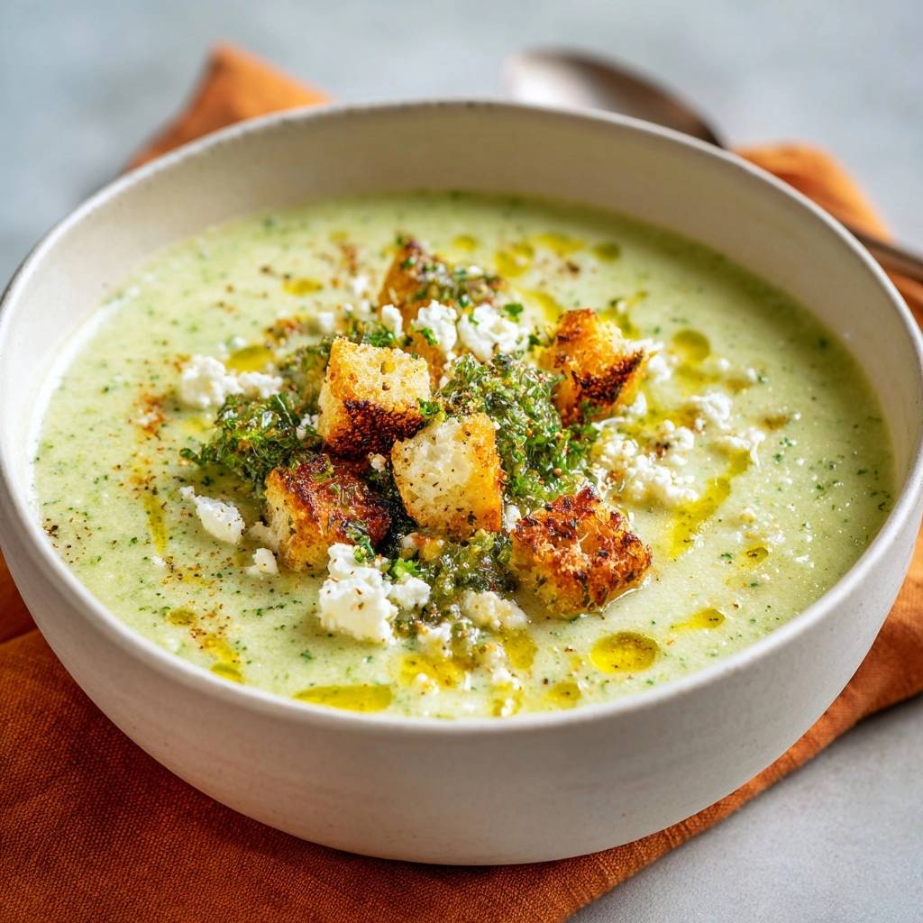 Cremige Fenchelsuppe mit Feta und Croutons als Nahaufnahme mit detailreicher Garnitur auf einem Teller.