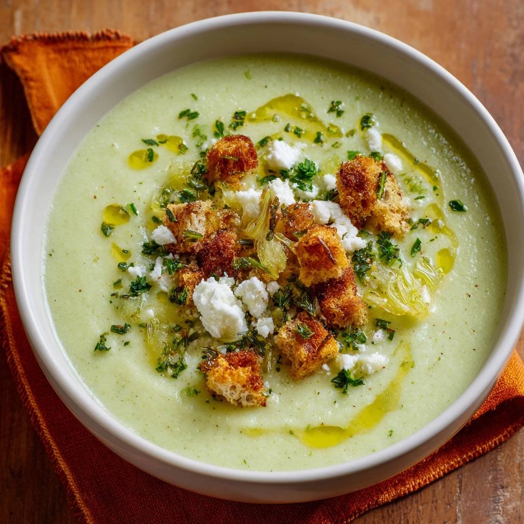 Cremige Fenchelsuppe mit Feta und Croutons, garniert mit frischer Petersilie und Olivenöl.