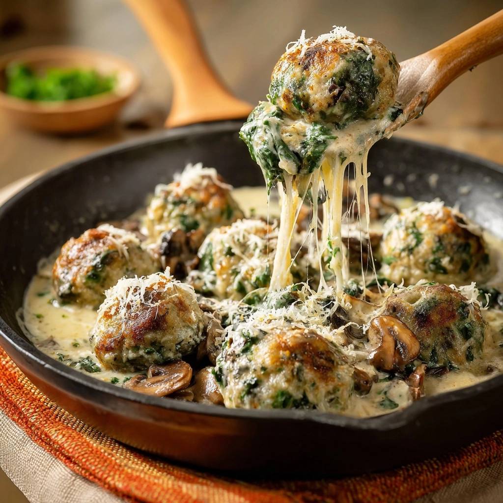 Cremige Gnocchi Mit Spinat Pilzen Kse Gezogen 1 Cremige Gnocchi mit Spinat und Pilzen, die auf einem Holzlöffel mit geschmolzenem Käse serviert werden.