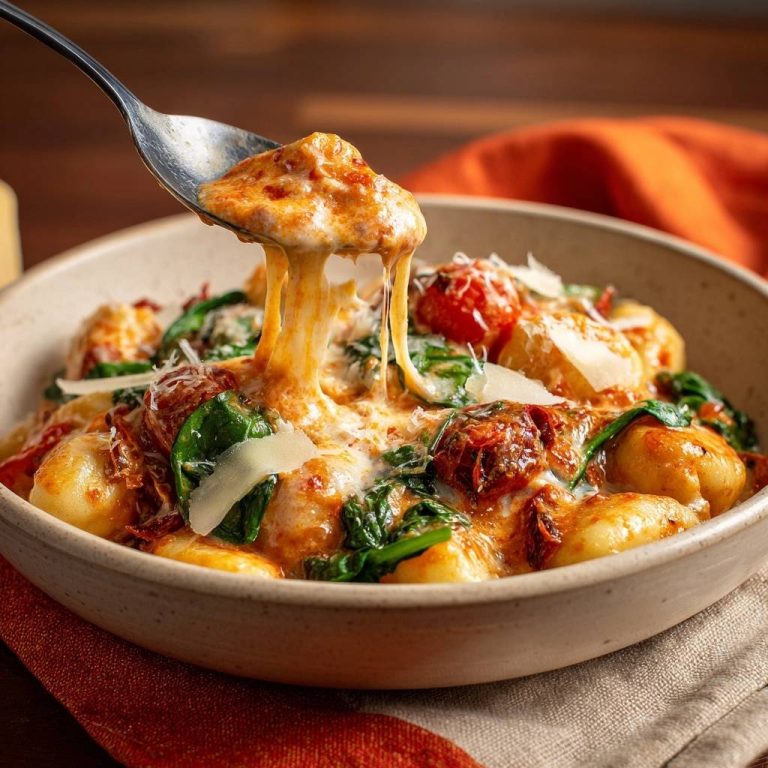 Cremige Gnocchi mit Spinat und Sonnentomaten, mit geschmolzenem Käse von einer Gabel gezogen, eine Nahaufnahme.