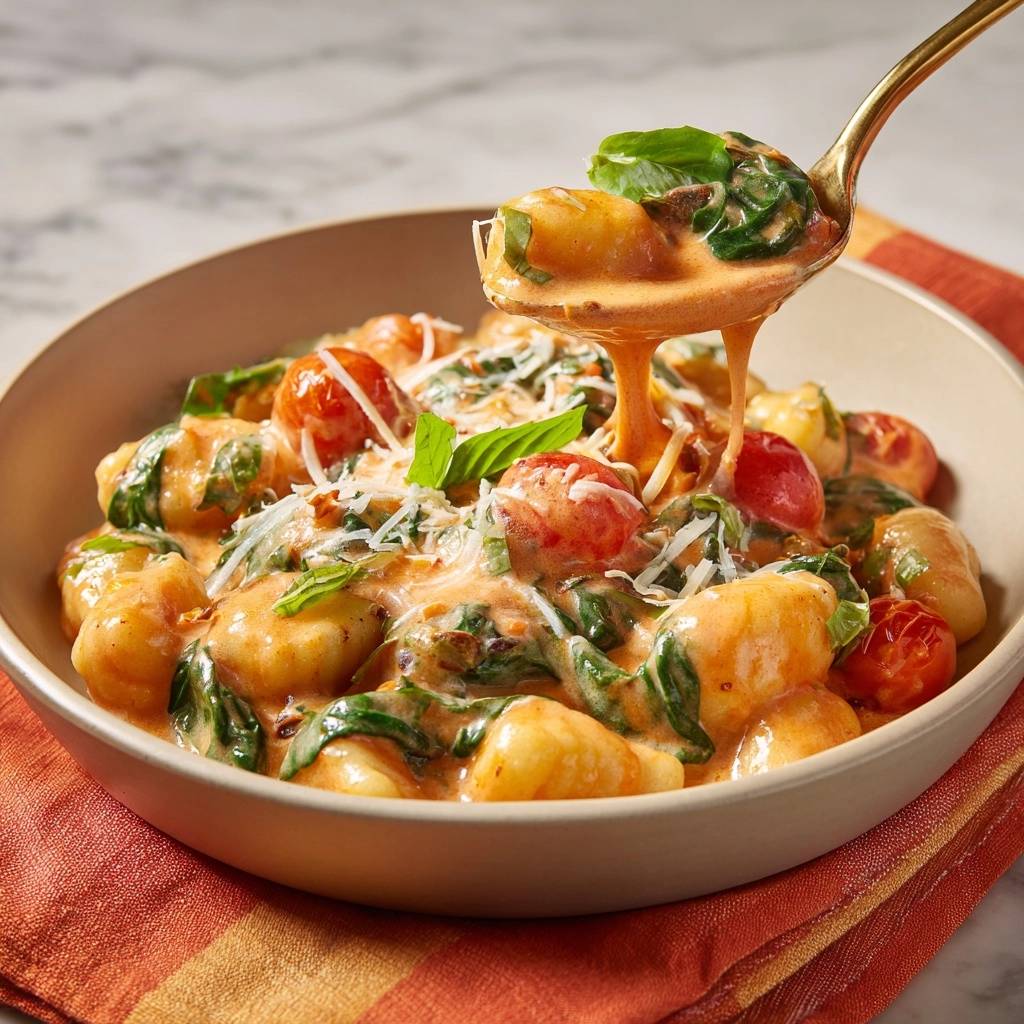 Cremige Gnocchi mit Spinat und Sonnentomaten, eine Löffelaufnahme zeigt die cremige Sauce und frische Zutaten.