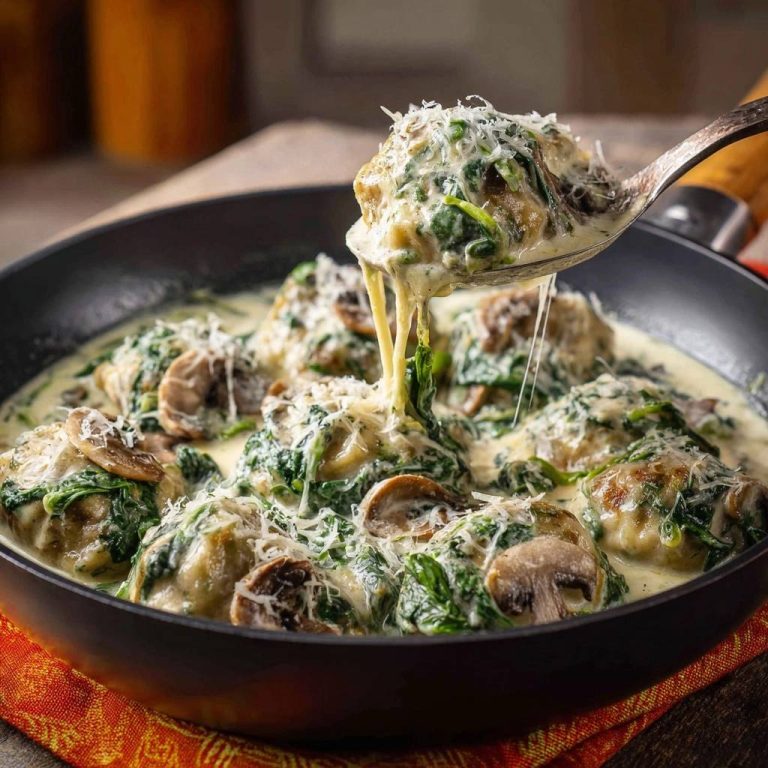 Cremige Gnocchi mit Spinat und Pilzen, Nahaufnahme einer Löffelportion mit geschmolzenem Käse.