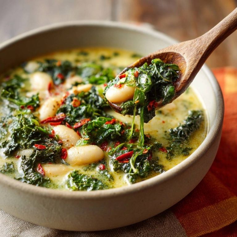 Cremige Grünkohl-Bohnensuppe mit Chili, eine Holzlatelle zeigt eine Portion mit viel Grünkohl und weißen Bohnen.