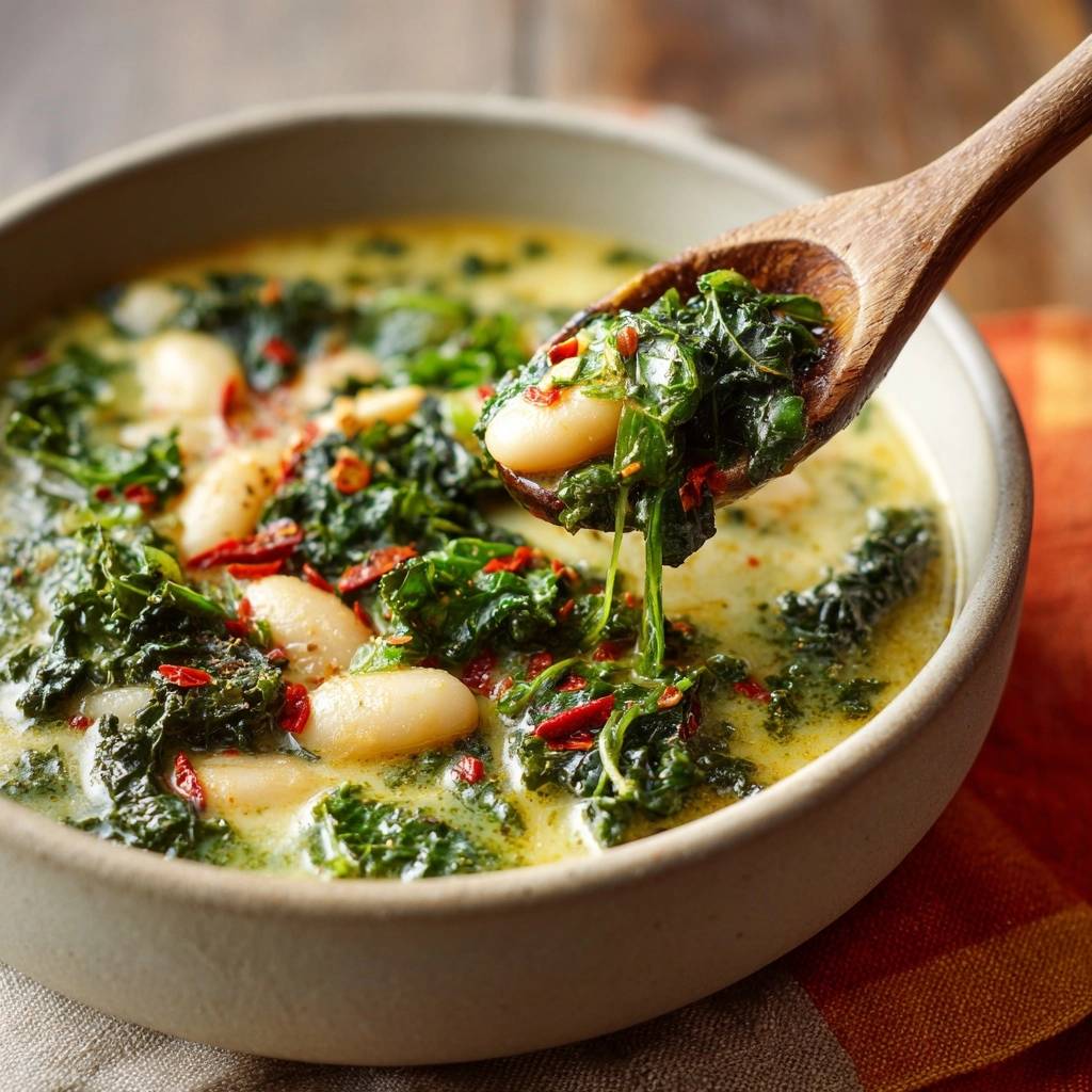 Cremige Grünkohl-Bohnensuppe mit Chili, eine Holzlatelle zeigt eine Portion mit viel Grünkohl und weißen Bohnen.