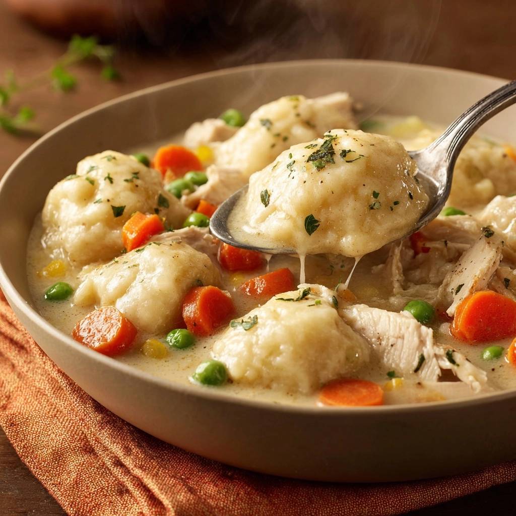Cremige Hühnersuppe mit Klößen, mit einem Löffel Klöße mit zartem Hühnchen und Gemüse herausgenommen