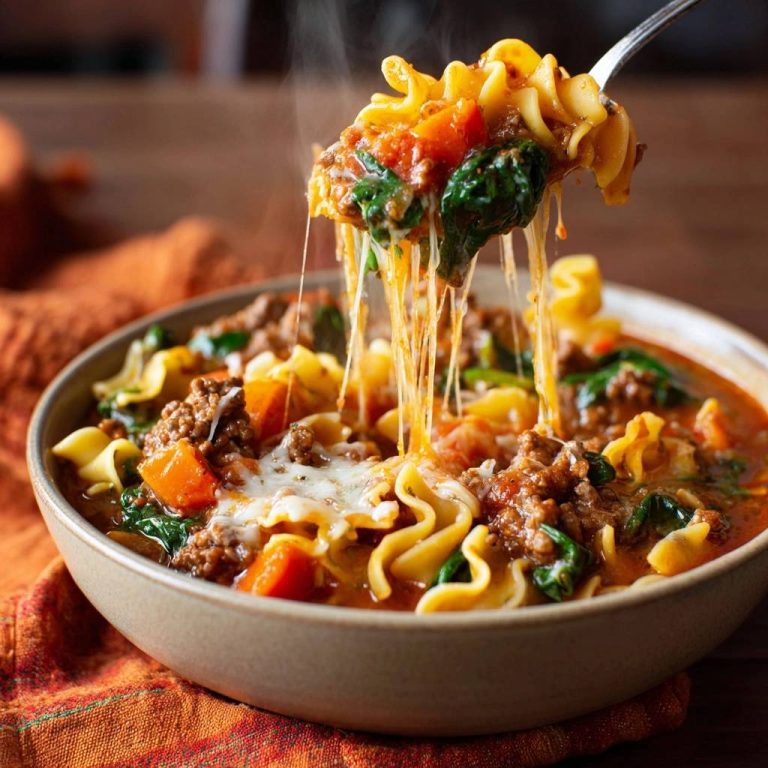Cremige Kürbis-Hack-Fusilli-Suppe mit geschmolzenem Käse und Dampf, von einer Gabel serviert.