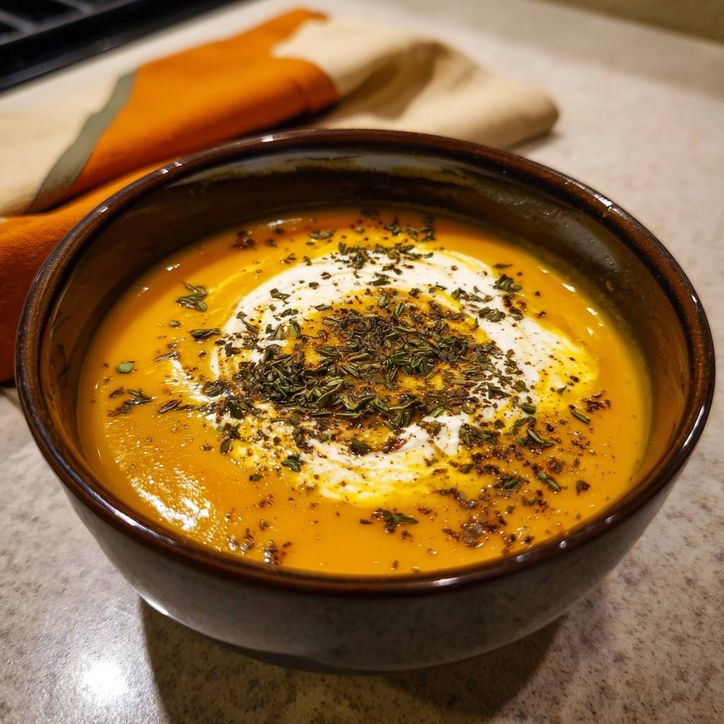 Cremige Kürbissuppe mit einem Wirbel aus Sahne und Kräutern garniert, serviert in einer braunen Schüssel.