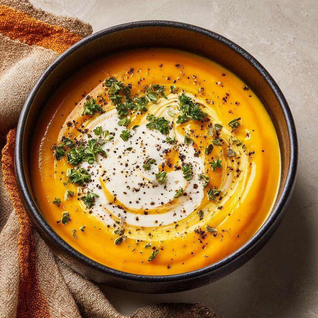 Cremige Kürbissuppe mit einem Swirl aus Sahne und frischen Kräutern, aus der Vogelperspektive fotografiert.