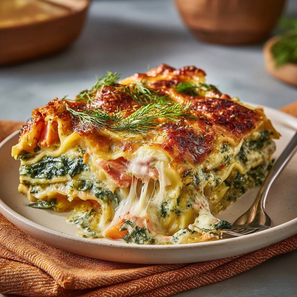 Cremige Lachs-Spinat-Lasagne angeschnitten, mit sichtbarem Käsefluss und frischem Dill garniert.