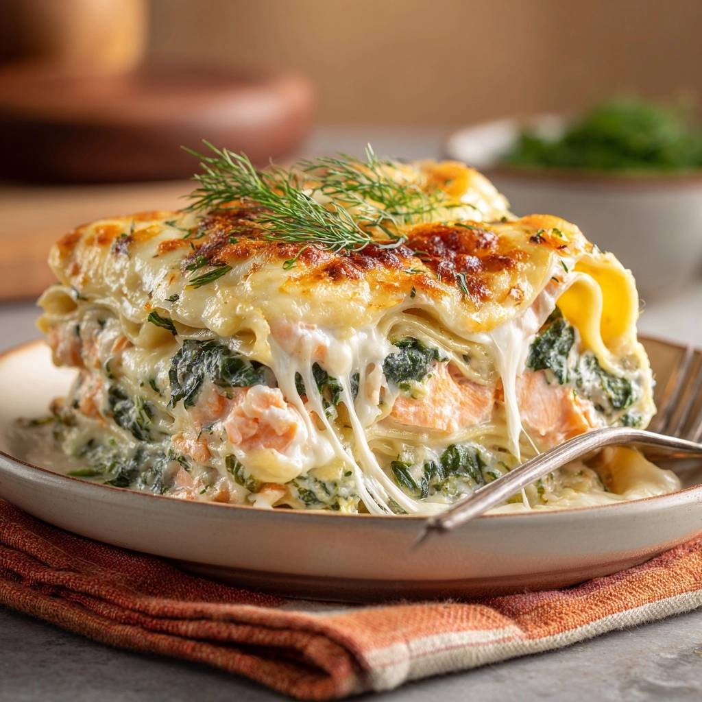 Cremige Lachs-Spinat-Lasagne im Anschnitt mit geschmolzenem Käse und frischem Dill garniert.