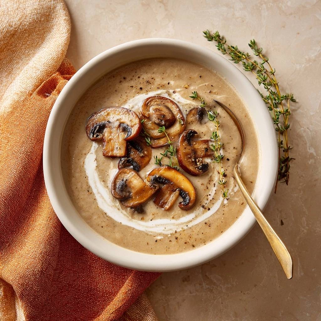 Cremige Pilzsuppe garniert mit gebratenen Pilzscheiben und einem Klecks Sahne, daneben frischer Thymian.