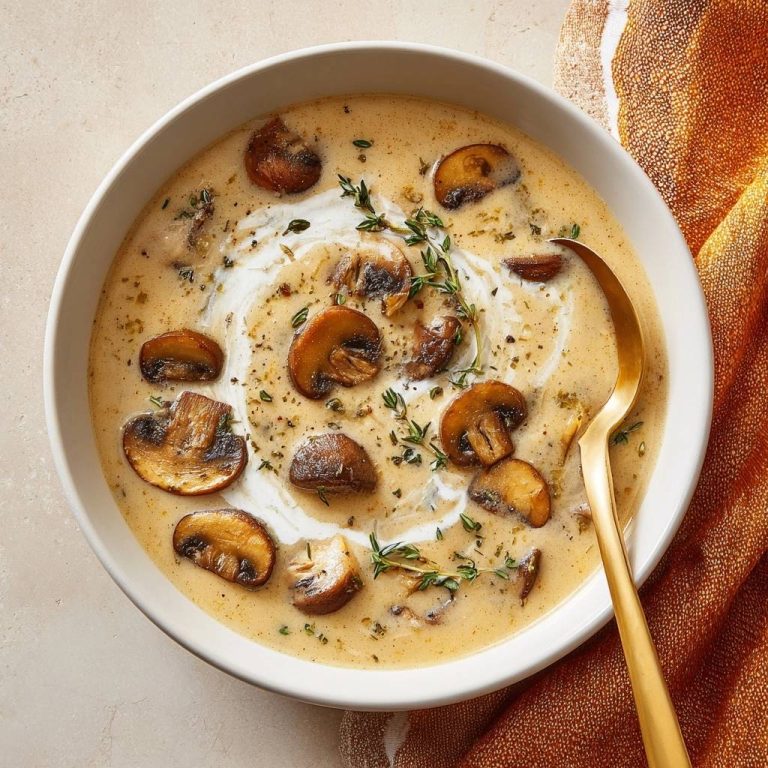 Cremige Pilzsuppe mit frischen Kräutern und einem Wirbel Sahne, nah aufgenommen und garniert.