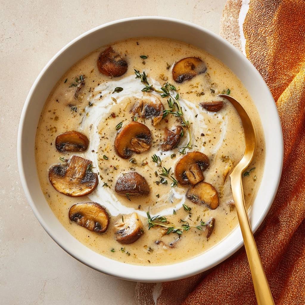 Cremige Pilzsuppe mit frischen Kräutern und einem Wirbel Sahne, nah aufgenommen und garniert.