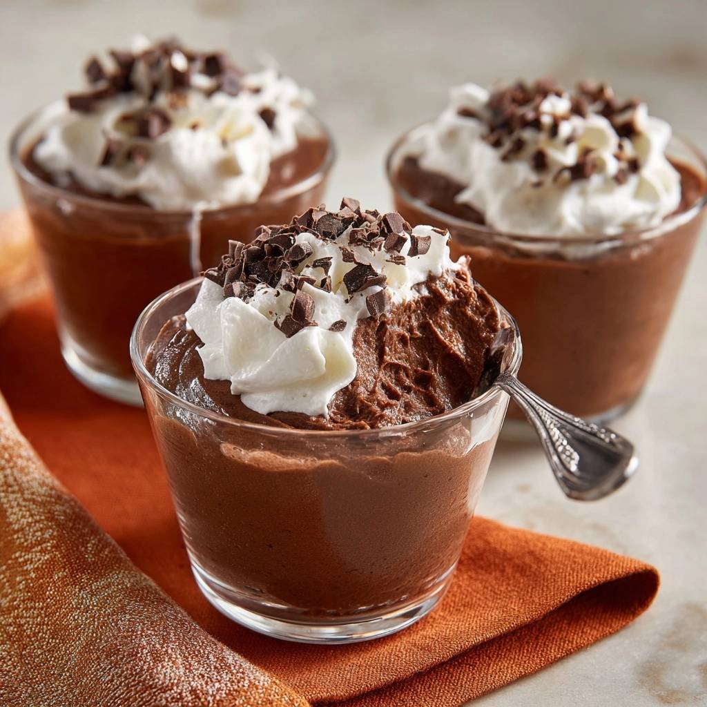 Cremige Schokoladenmousse Angeschnitten 1 Cremige Schokoladenmousse mit Sahnehaube, ein Glas nah aufgenommen mit einem Löffel darin.