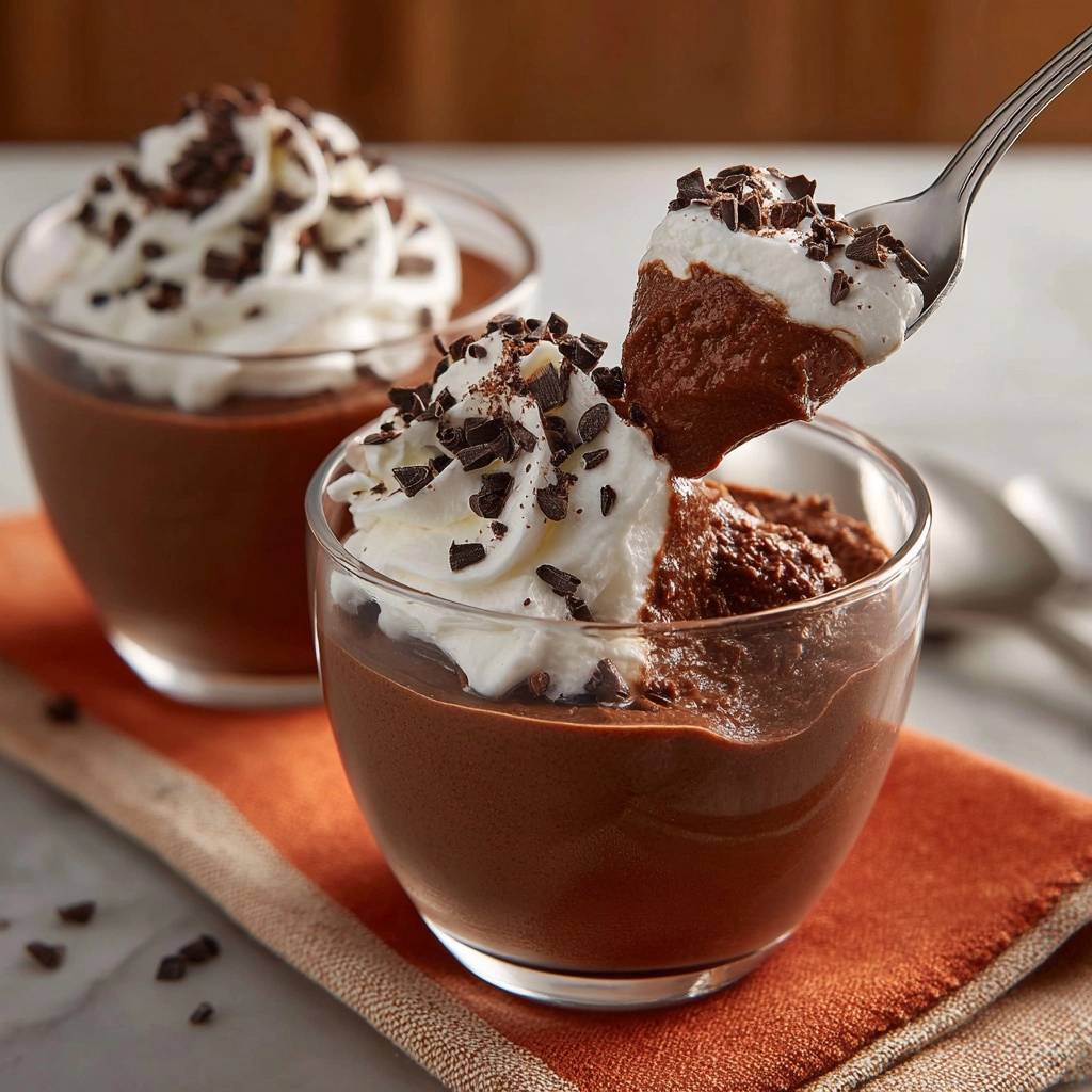 Cremige Schokoladenmousse mit Sahnehaube, die auf einem Löffel aus dem Glas genommen wird, garniert mit Schokostreuseln.