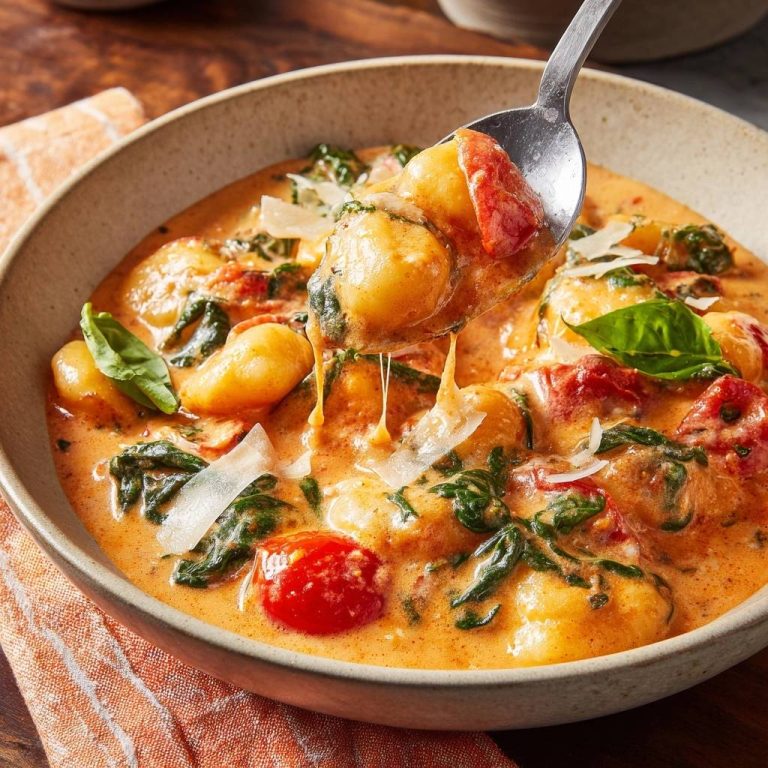 Cremige Tomaten-Gnocchi mit Spinat und Parmesan, eine Portion wird mit einem Löffel aus der Schüssel gehoben, wobei geschmolzener Käse sichtbar ist.