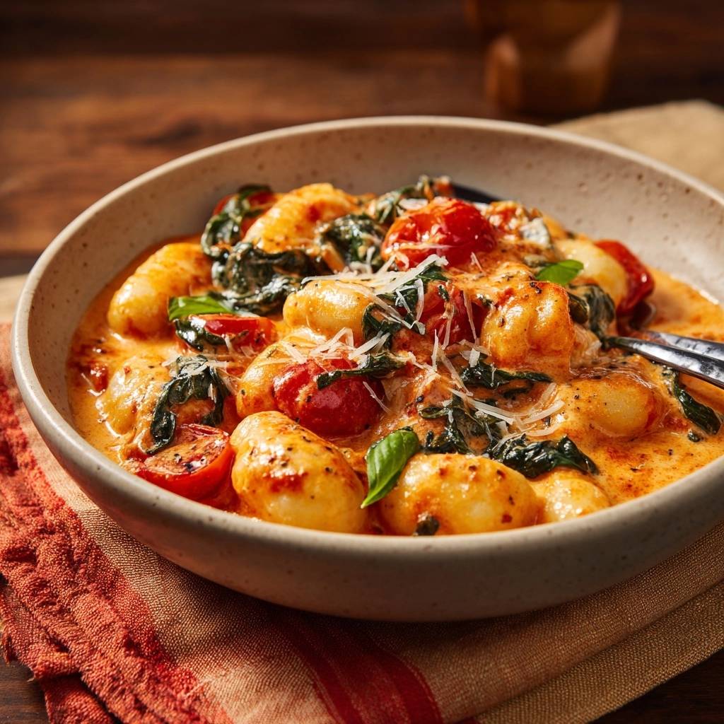 Cremige Tomaten Gnocchi Nahaufnahme 1 Cremige Tomaten-Gnocchi mit Spinat und Parmesan, eine Nahaufnahme der dampfenden Gnocchi in der cremigen Sauce.