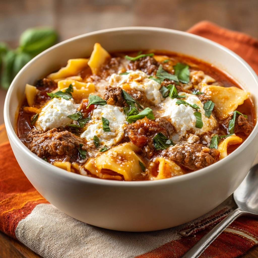 Cremige Tomaten Hack Nudel Suppe Detail 1 Cremige Tomaten-Hack-Nudel-Suppe mit Ricotta-Klecks und frischer Petersilie als Nahaufnahme.