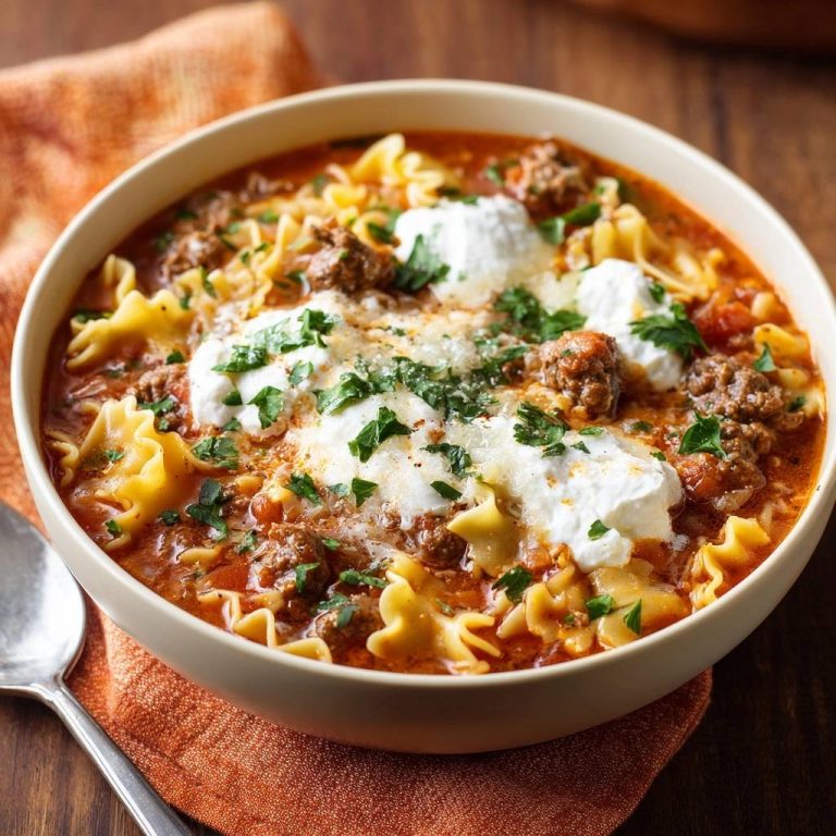 Cremige Tomaten-Hack-Nudel-Suppe als Nahaufnahme, garniert mit Ricotta und frischer Petersilie.