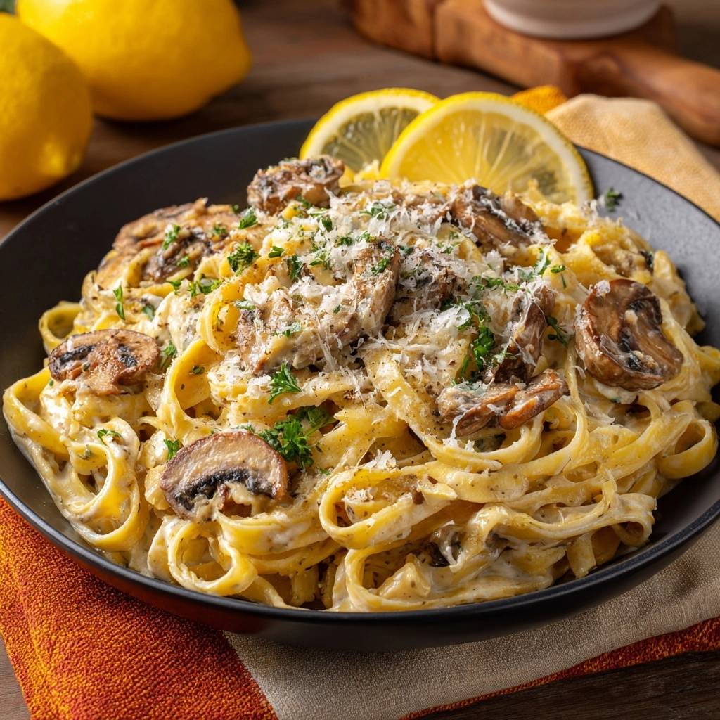 Cremige Zitronen-Pilz-Tagliatelle, serviert in einer schwarzen Schüssel, garniert mit geriebenem Parmesan und Petersilie.