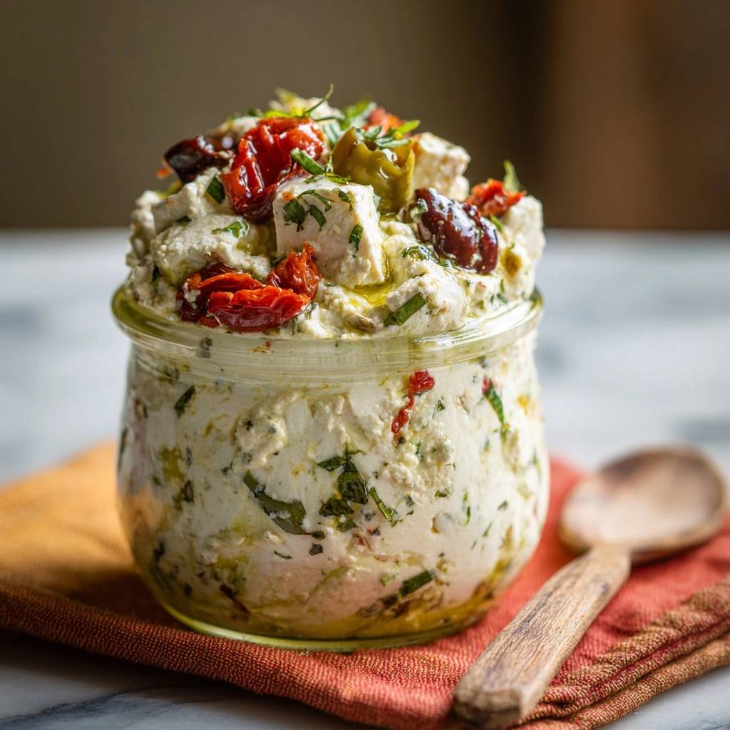 Cremiger mediterraner Feta-Dip mit Oliven und getrockneten Tomaten, im Glas serviert mit einem Holzlöffel.