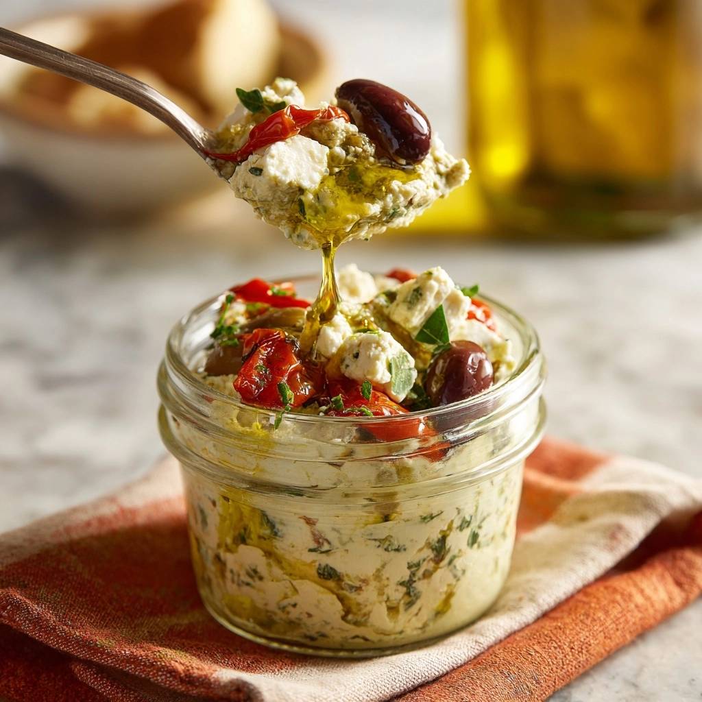 Cremiger Mediterraner Feta Dip Lffel Mit L 1 Cremiger mediterraner Feta-Dip, ein Löffel voll mit tropfendem Öl und Oliven, Nahaufnahme.