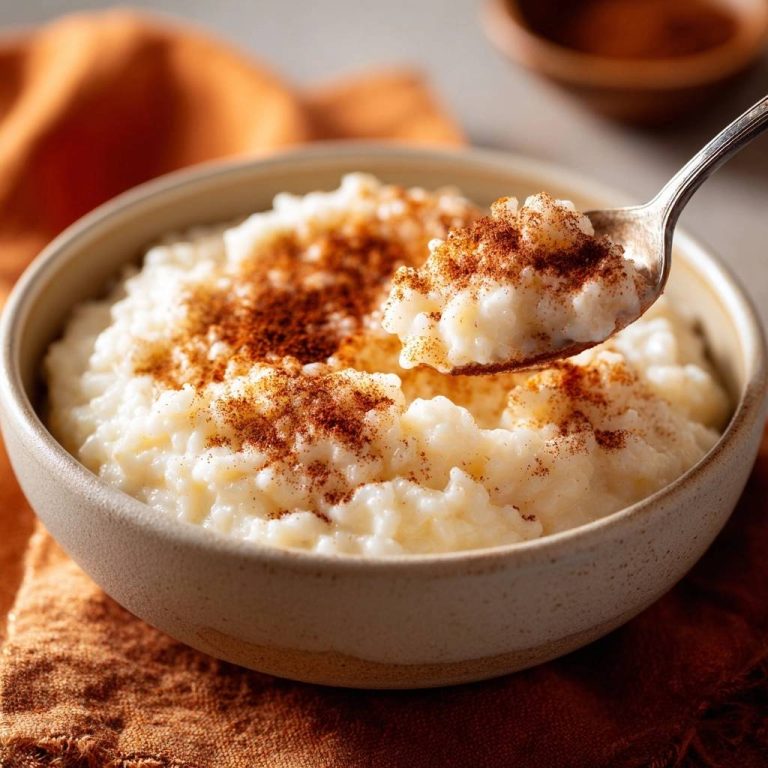 Cremiger Milchreis mit Zimt, eine Löffelportion mit Zimt bestreut, die aus der Schüssel genommen wird