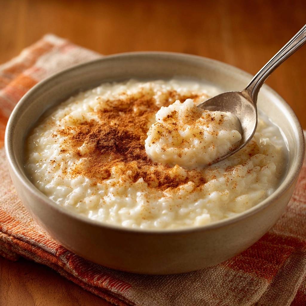 Cremiger Milchreis Nahaufnahme Zimt 1 Cremiger Milchreis mit Zimt, hier in einer Nahaufnahme mit einer Löffelportion, die die cremige Textur zeigt.