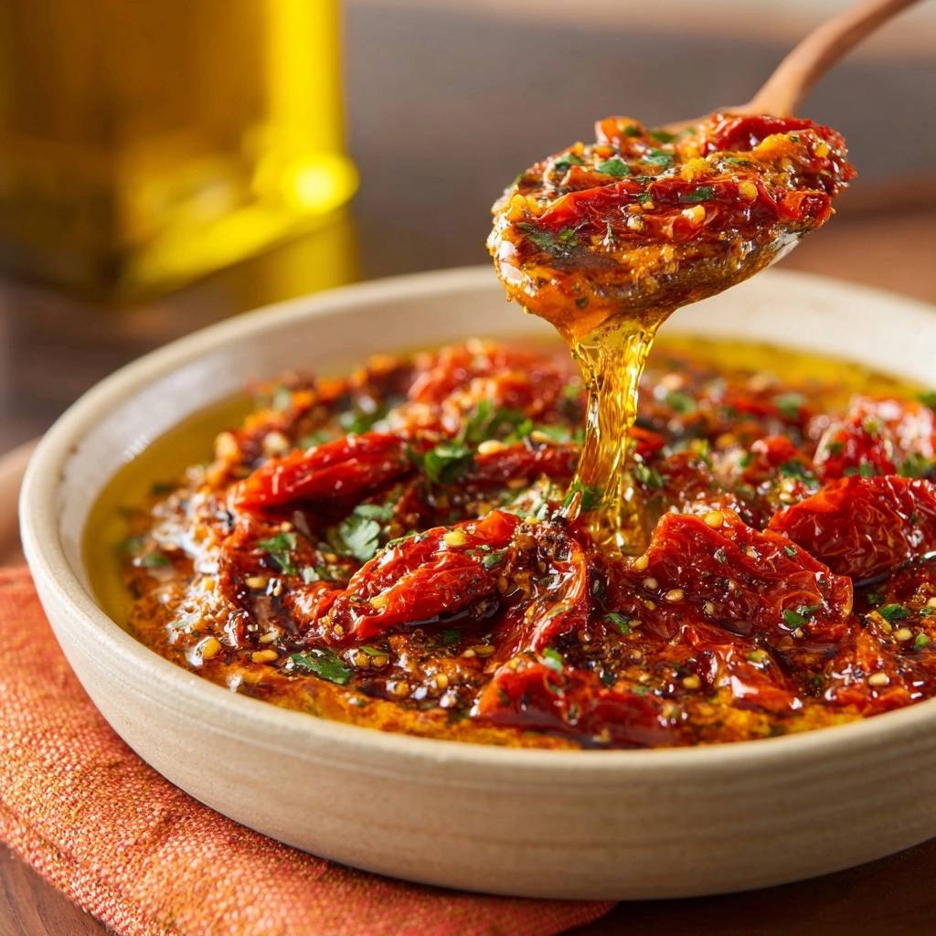 Cremiger Sonnentomaten Hummus Detail Lffel 1 Cremiger Sonnentomaten-Hummus mit einem Löffel voller Öl und Kräutern, detaillierte Nahaufnahme.