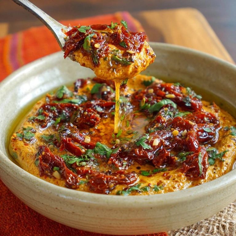 Cremiger Sonnentomaten-Hummus, übergossen mit Öl und garniert mit getrockneten Tomaten und Kräutern auf einem Löffel.