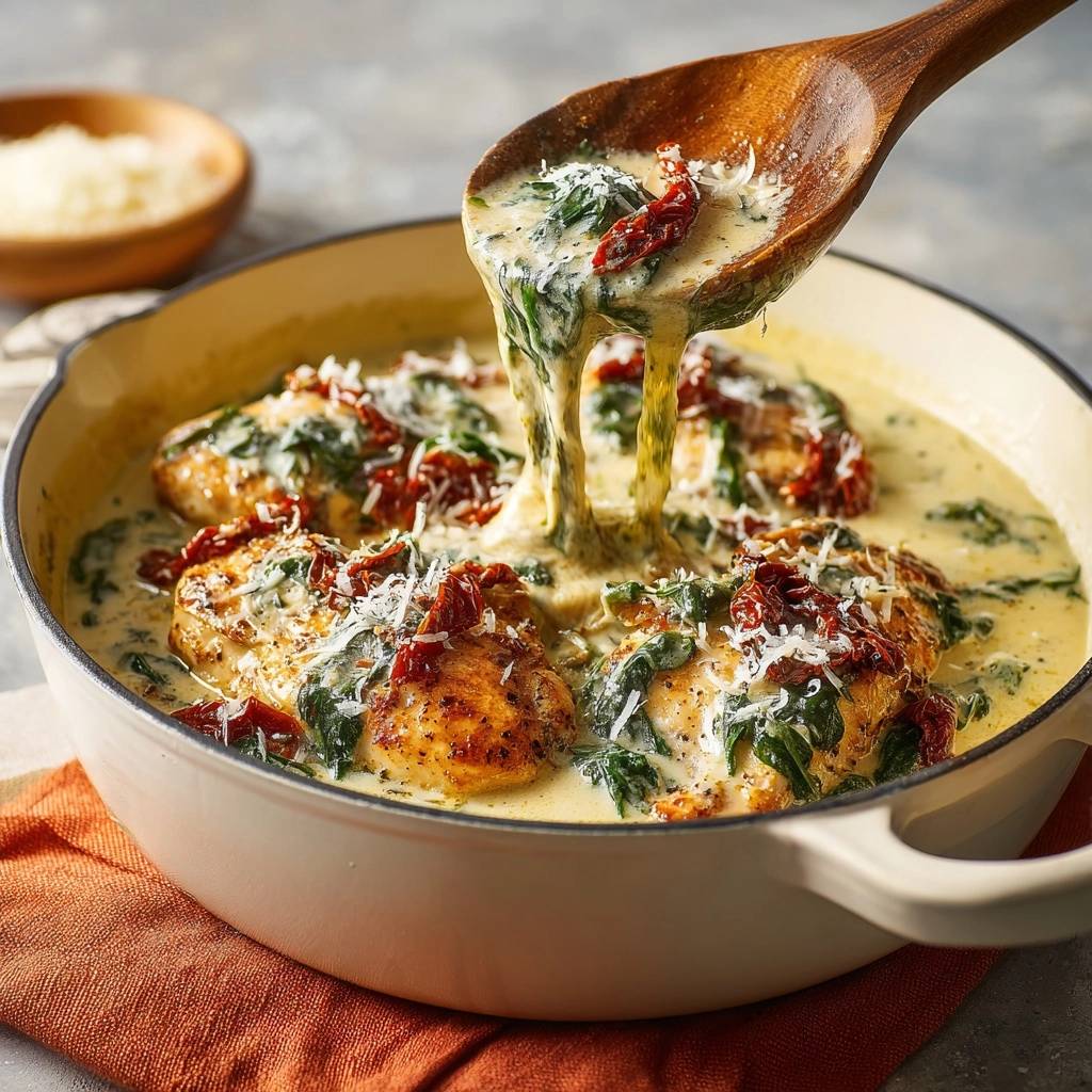 Cremiges Hähnchen-Spinat mit Sonnentomaten wird mit Sauce übergossen, eine Holzschöpfkelle hebt die cremige Sauce an.