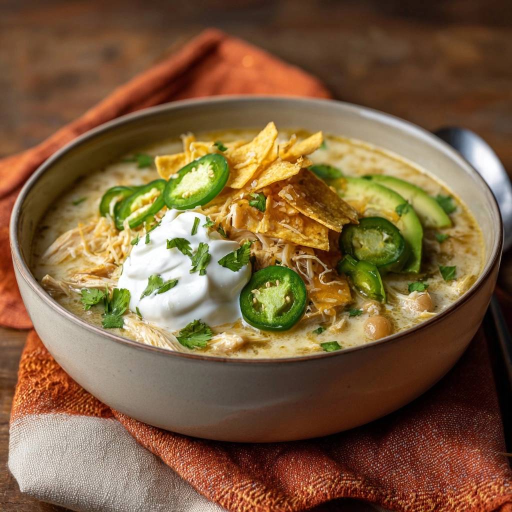 Cremiges Hähnchen-Chili garniert mit Sauerrahm, Jalapeños und Tortilla-Chips in einer Schüssel.