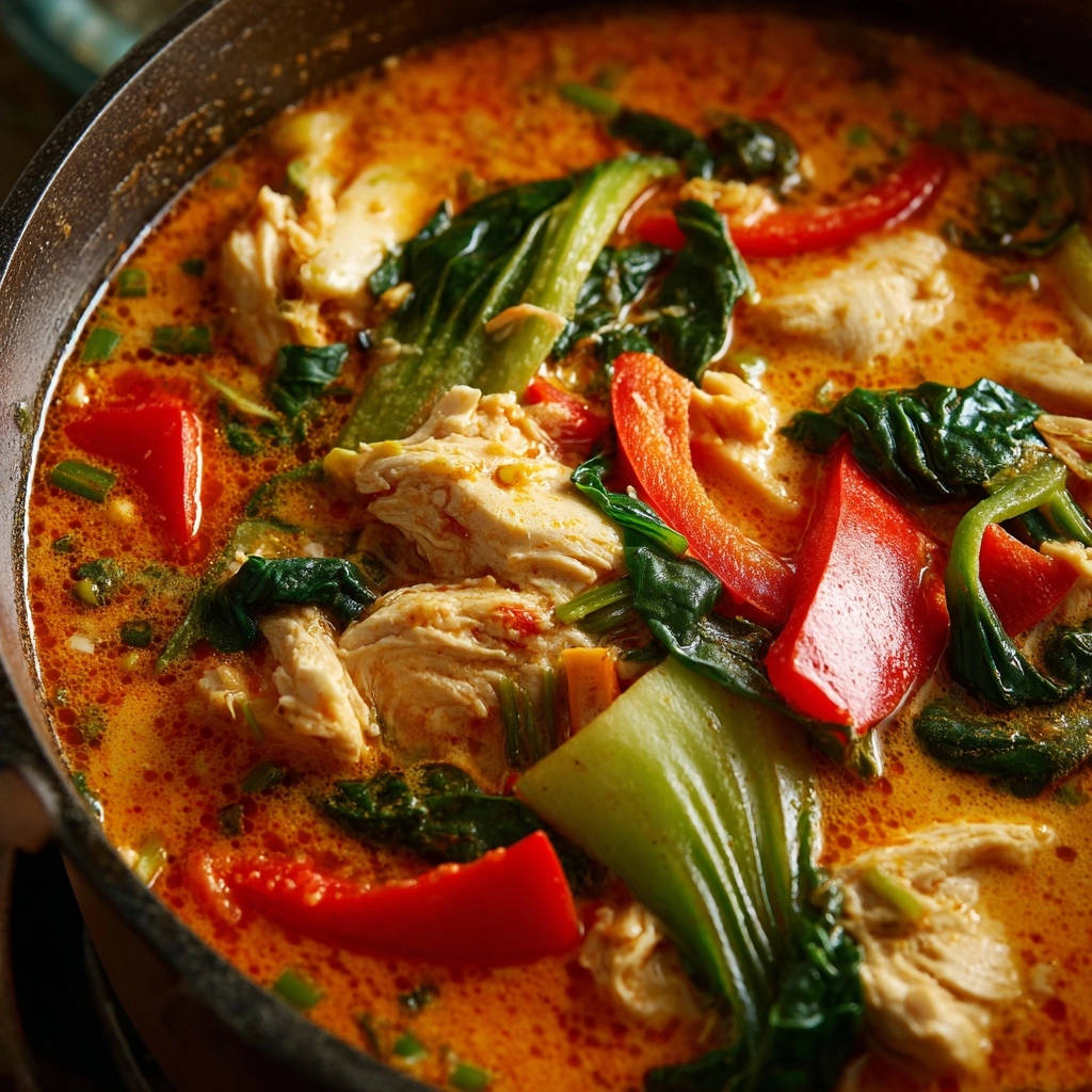 Cremiges Hähnchen-Kokos-Curry mit knackigem Gemüse in einer Nahaufnahme des Topfes, mit viel Huhn und roten Paprika.