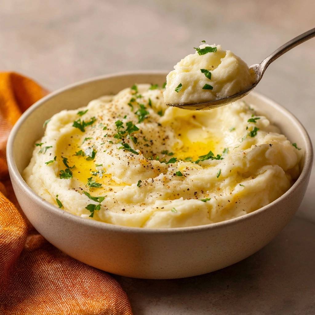 Cremiges Kartoffelpüree mit geschmolzener Butter und frischen Kräutern garniert, auf einem Löffel serviert