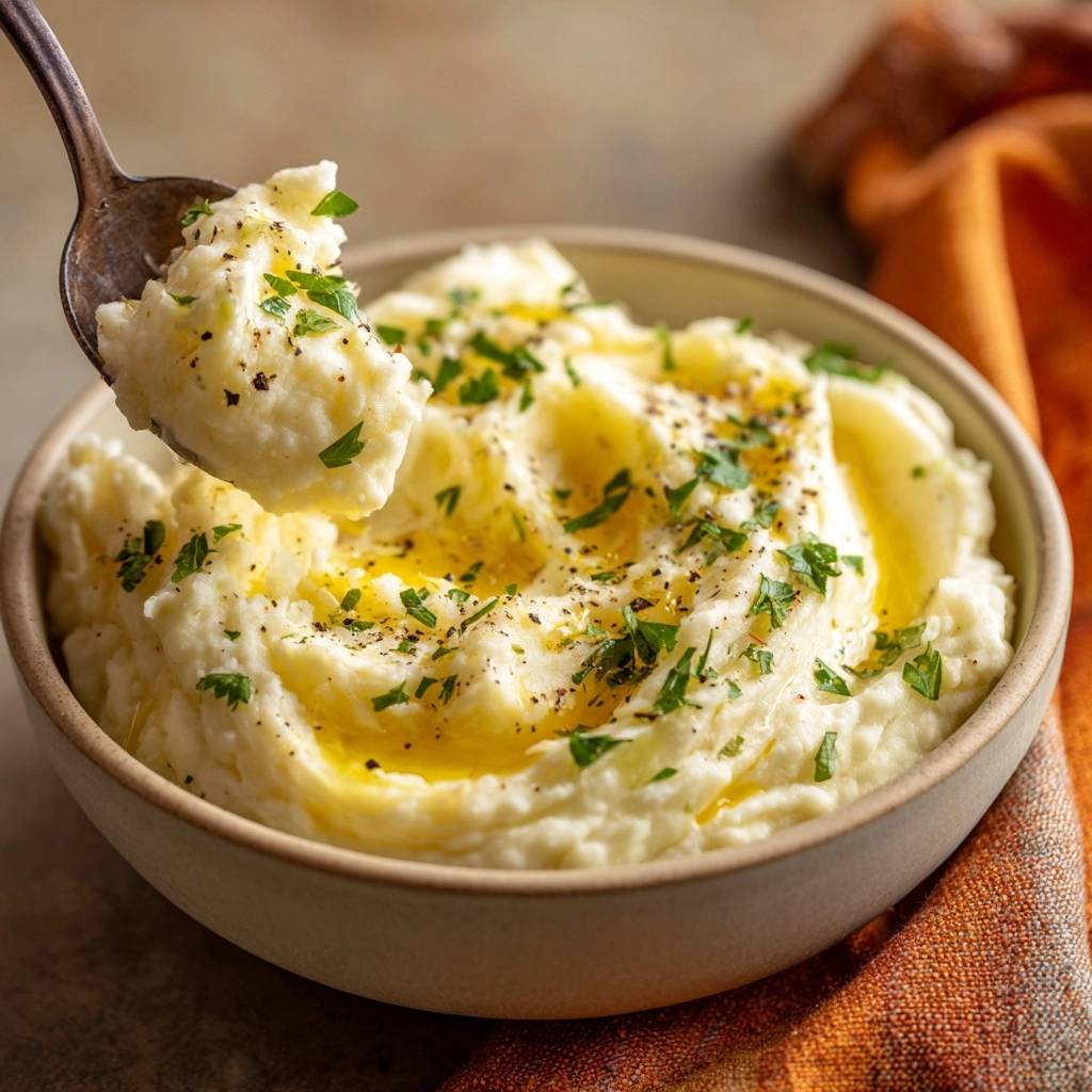 Cremiges Kartoffelpüree mit Butter und Petersilie, auf einem Löffel serviert, Nahaufnahme.