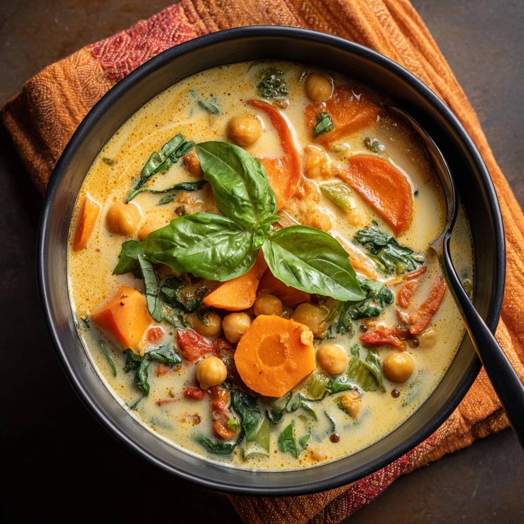 Cremiges Kürbis-Kichererbsen-Curry von oben mit frischem Basilikum garniert, serviert in einer schwarzen Schüssel.
