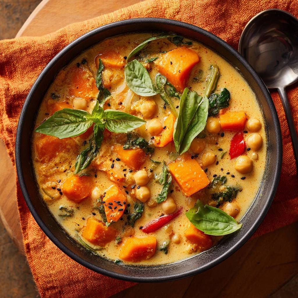 Cremiges Kürbis-Kichererbsen-Curry von oben mit frischem Basilikum und schwarzen Sesamsamen, vegan und bissfest.