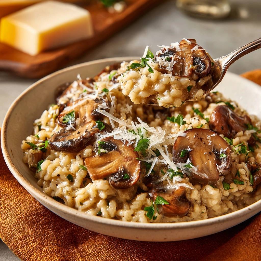 Cremiges Pilzrisotto wird mit einem Löffel aus der Schüssel gehoben, garniert mit Pilzen und Parmesan.