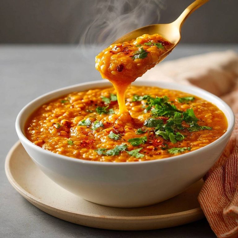 Cremiges rotes Linsen-Dal wird mit einem goldenen Löffel aus der Schüssel gehoben, Dampf steigt auf
