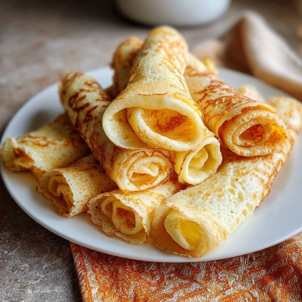 Duenne Pfannkuchen Nahaufnahme Gerollt 1 Perfekte dünne Pfannkuchen als Nahaufnahme auf einem Teller kunstvoll zusammengerollt serviert.