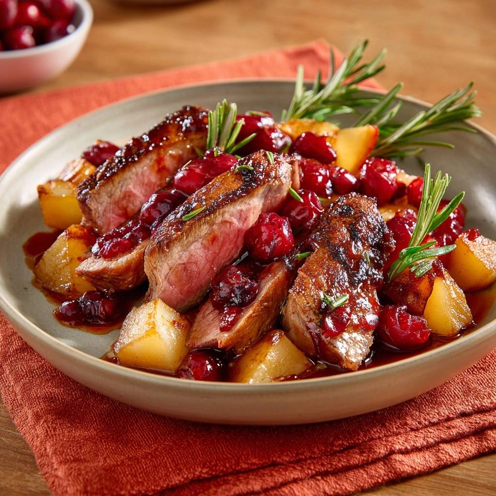 Ente Cranberry Ananas Sauce Angeschnitten 1 Saftige Ente mit Cranberry-Ananas-Sauce, angeschnitten und mit Beeren und Rosmarin garniert.