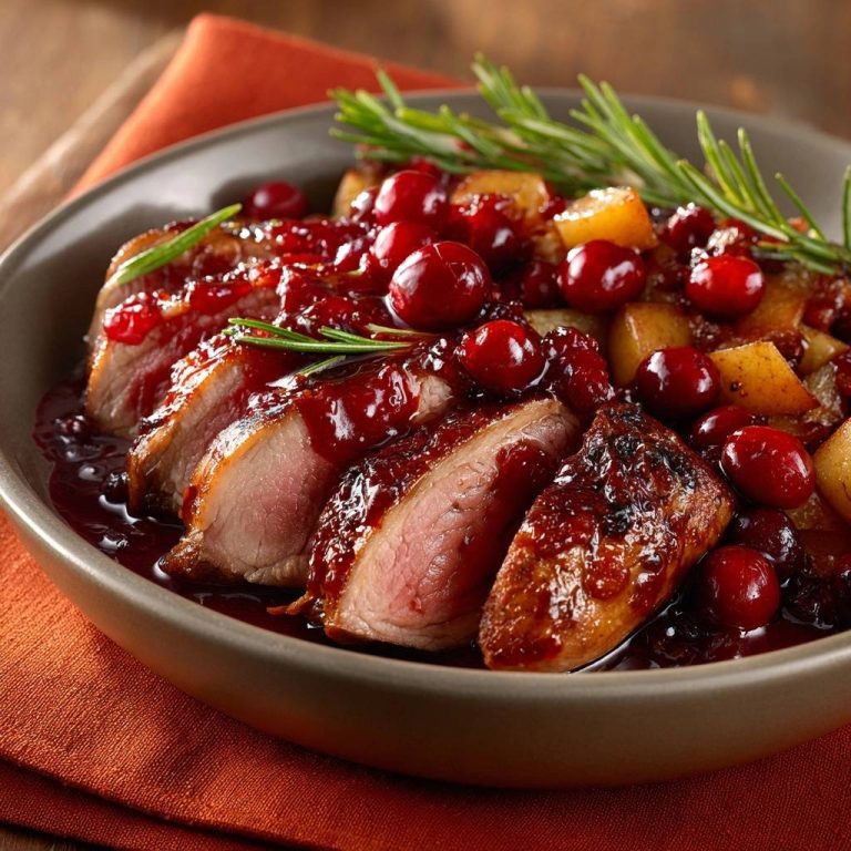 Saftige Ente mit Cranberry-Ananas-Sauce, angeschnitten und mit frischem Rosmarin garniert, auf einem Teller serviert.